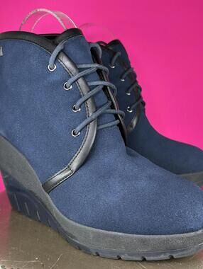 United Nude Lucy Blue Suede Faux Fur Line Lace-Up Wedge Platform Bootie EU 40